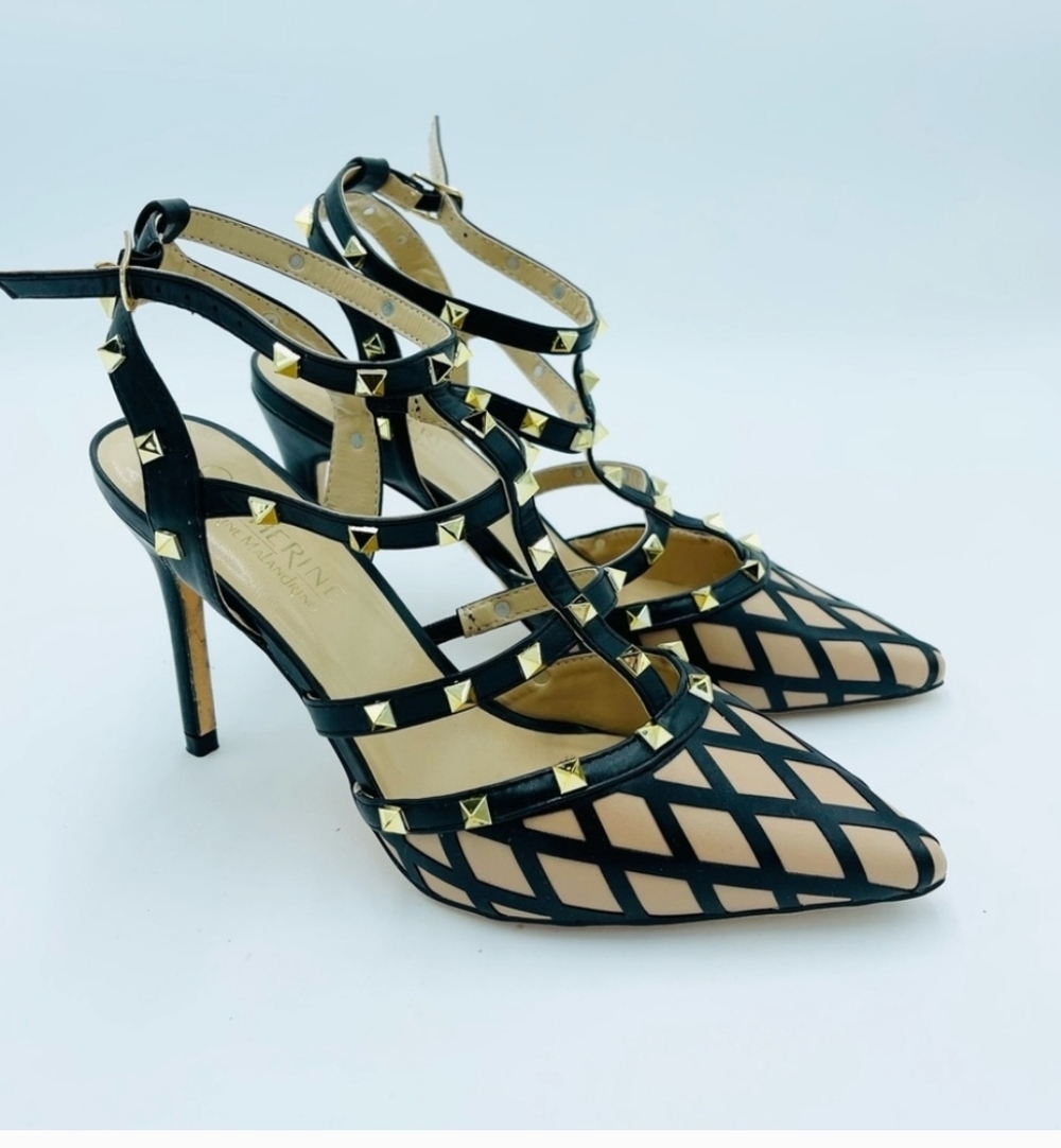 Catherine Malandrino Rock stud Caged Faux Leather Multi Strap ankle Heels Size 9